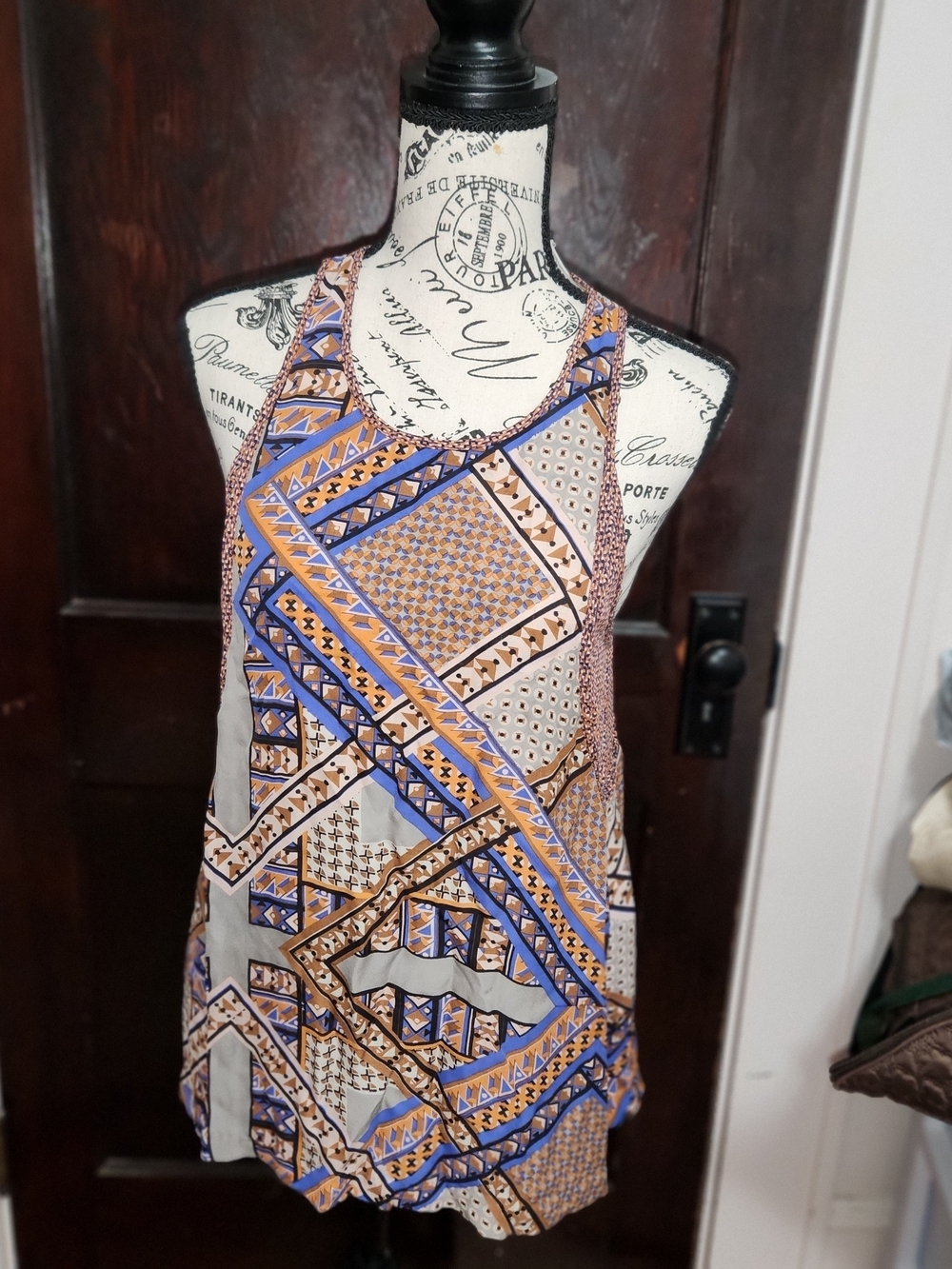 Madison Marcus Geometric Print Tank in Blue and Tan Small